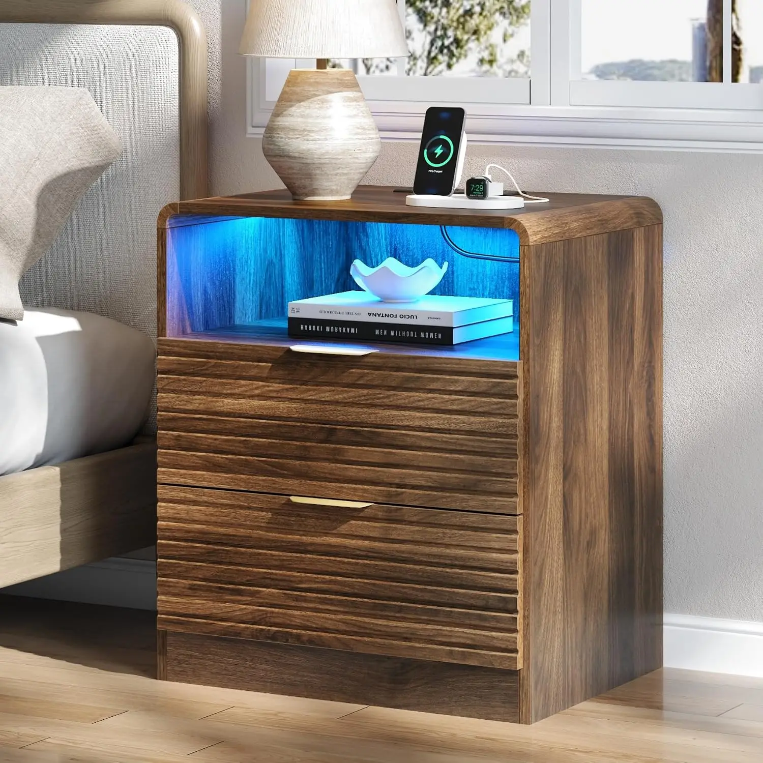 Walnut Nightstand Charging Station 2 Drawers LED Lights Open Storage End Side Table Bedroom Living Room, Customized