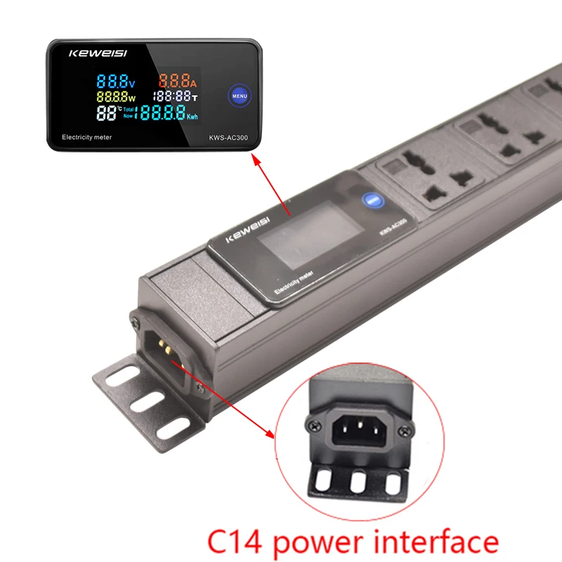 Rack Mount PDU Power Strip C14 interface Metal Sehll 2/3/4/5/6/7 Universal Socket Digital Ampermeter Voltmeter Ammeter