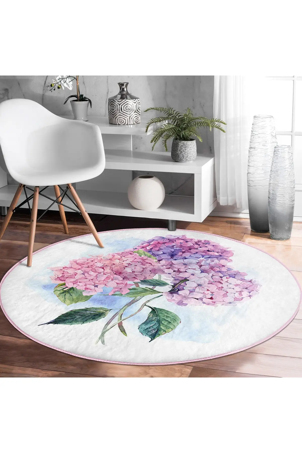 Dovi hydrangea flower figured custom design Modern pink bathroom washable non-slip-based round carpet