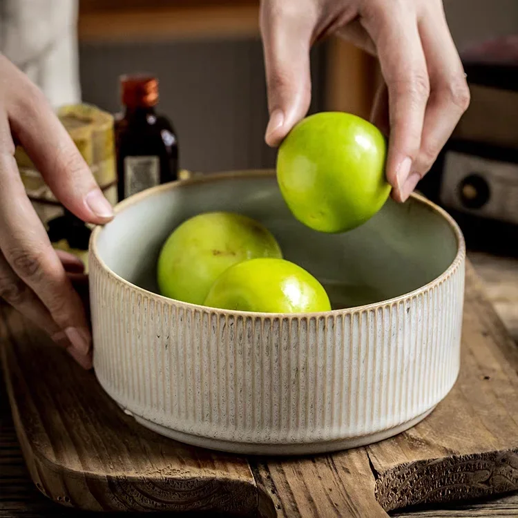 Retro Vertical Striped Ceramic Bowl Dining Salad Bowl Fahai Bowl Minor Defects Good Looking Home Use Soup China Made