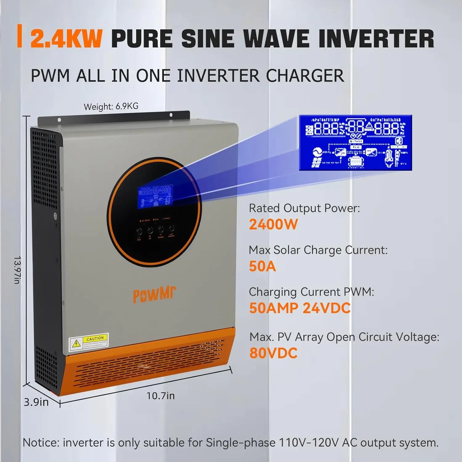 US Stock 3KVA 2.4KW Solar Hybrid Inverter 24V Dc To 110V/120V With 50A PWM Charge Controller Off-Grid Pure Sine Wave Inversor