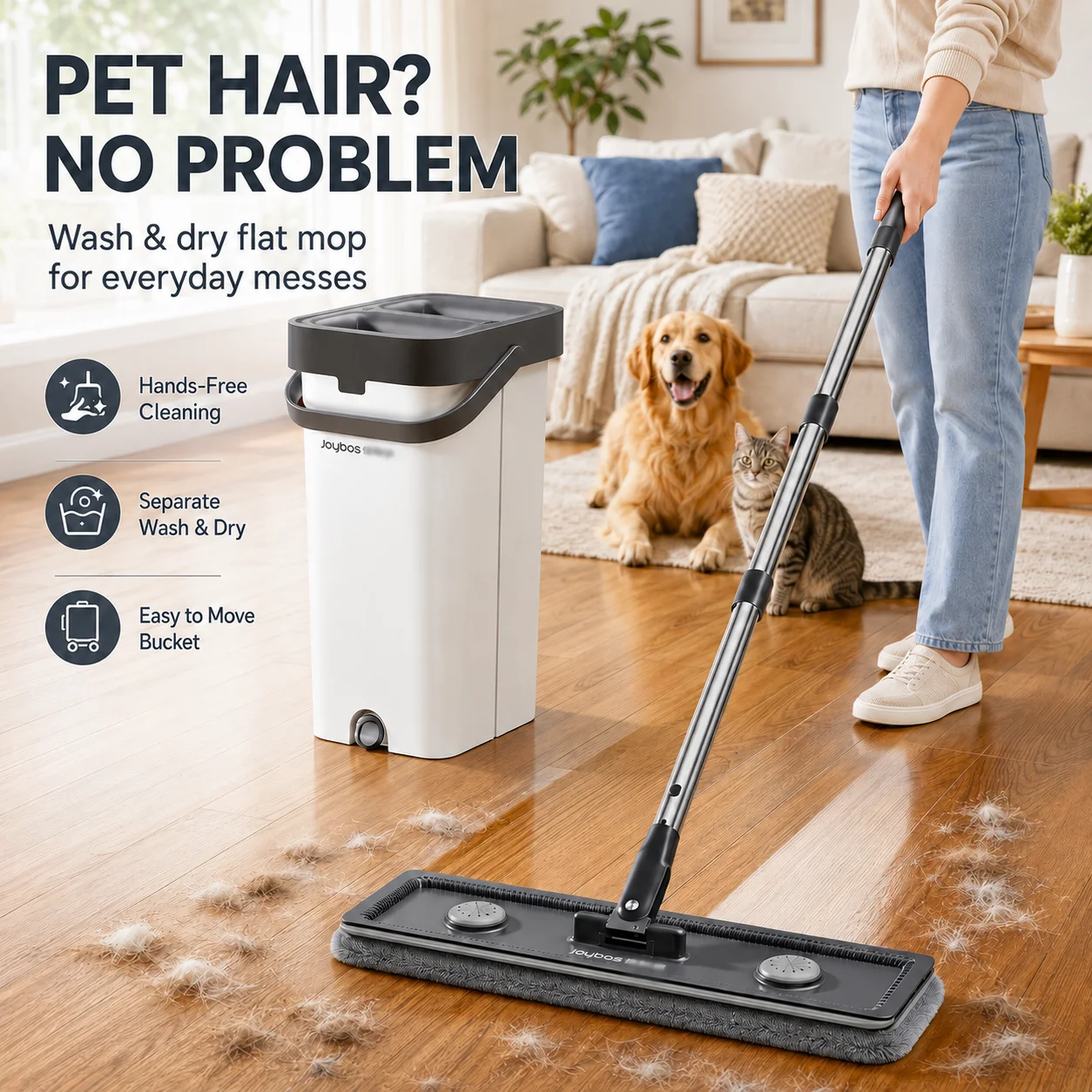 Joybos Flat Mop And Bucket Set With Hands-Free Wringer, 13-Inch Wash & Dry Dual-Chamber Floor Cleaning System, 360° Rotating Swivel Head For Hardwood/Tile, Includes 2 Coral Fleece Pads