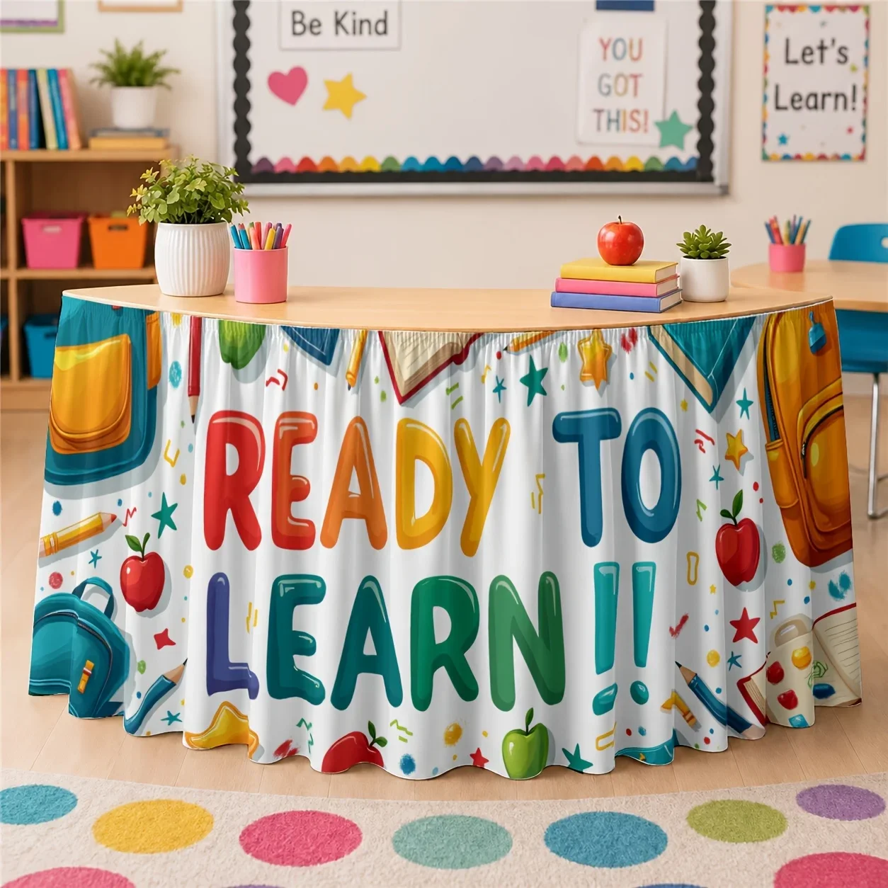 One table skirt. Always choose the printed polyester table skirt. It features bright colors and is lively and fun.