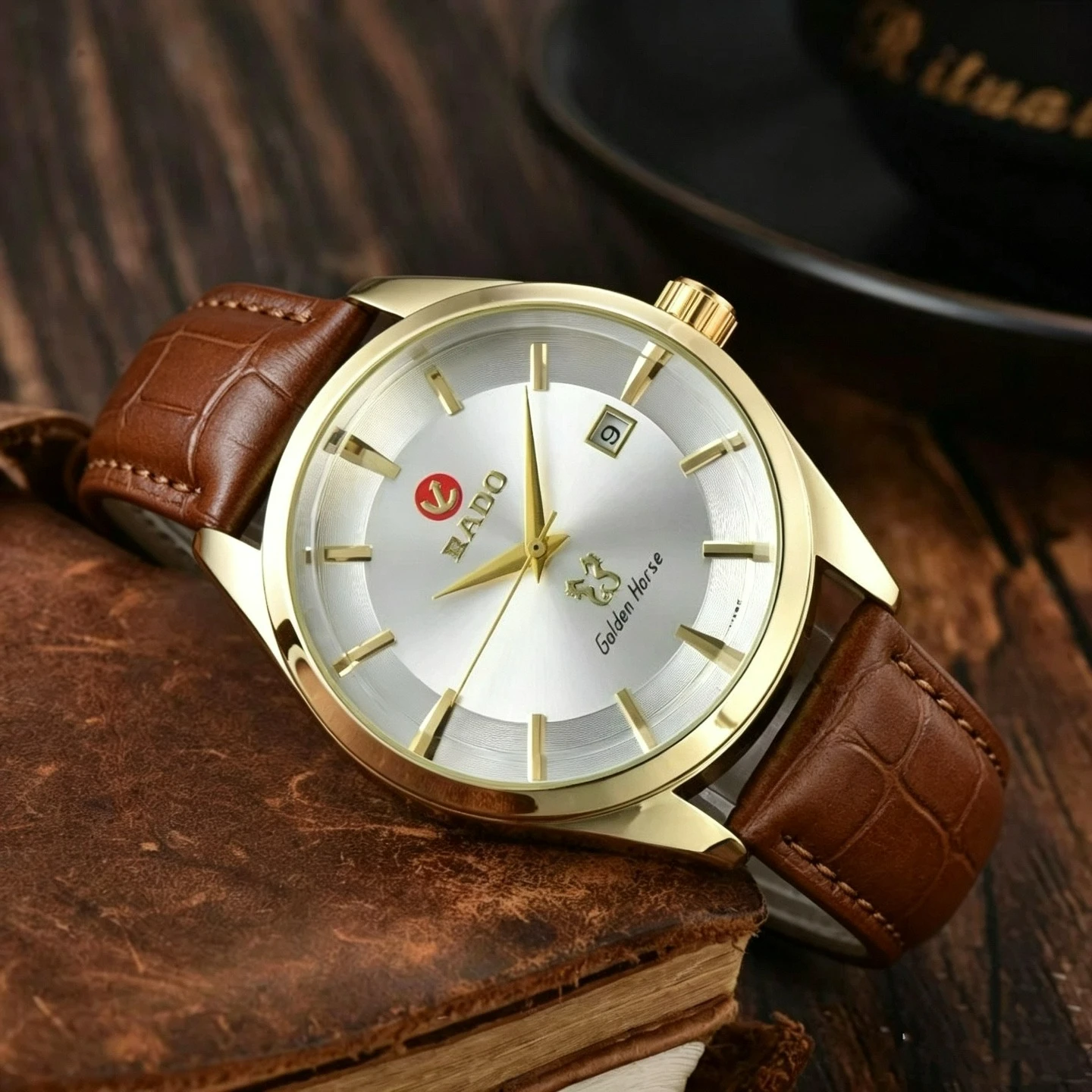 Goldenes Seepferdchen-Lederarmband Minimalistische Wasserdichte Armbanduhr - Automatische Mechanische Einzelkalender-Geschäftsuhr für Herren – Detail 4