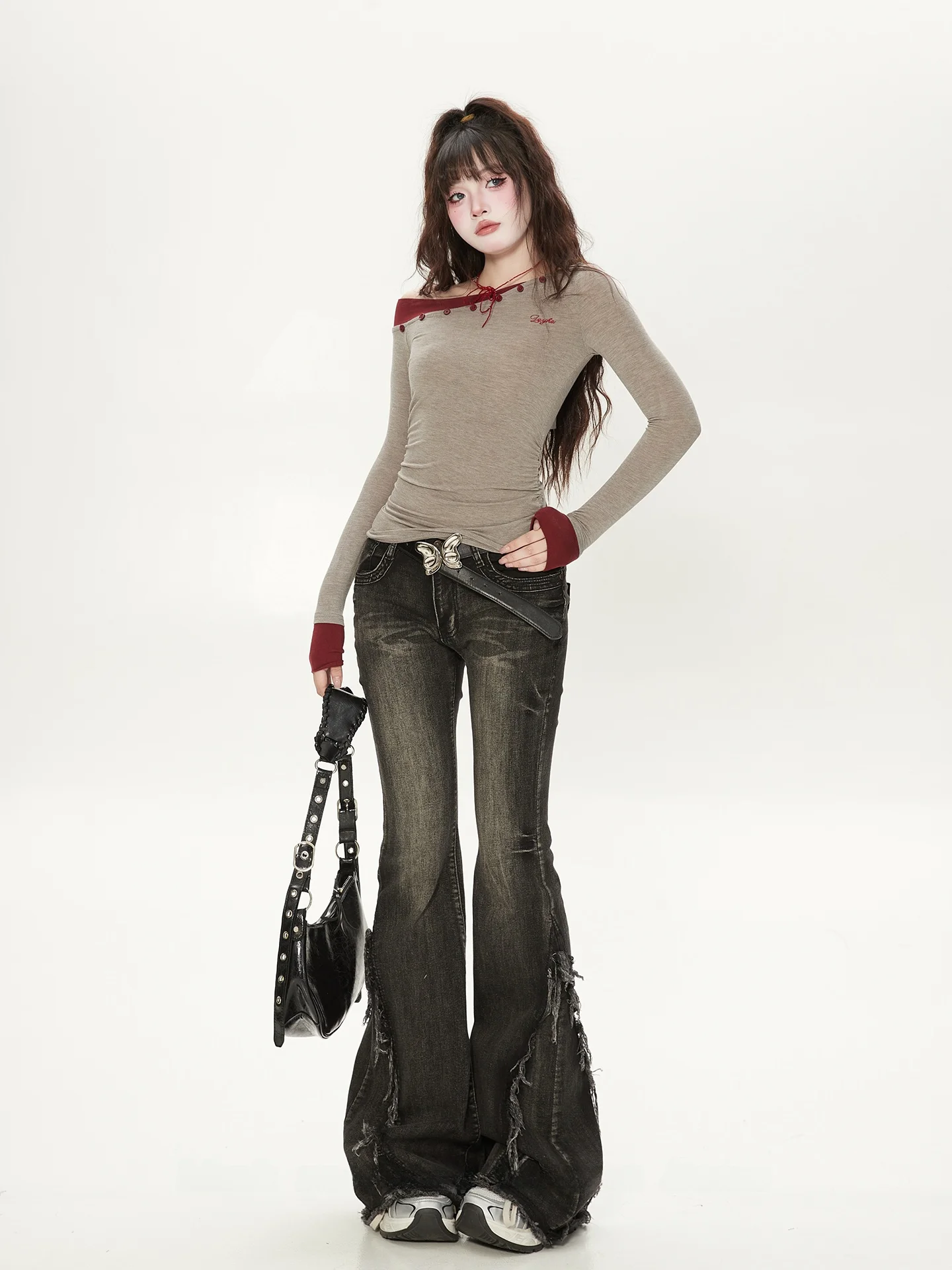 

Pure Desire Sle Women's Long Sve Patchwork Side oulder Base irt Slimming Trendy Korean Sle Autumn New Arrival T-irt