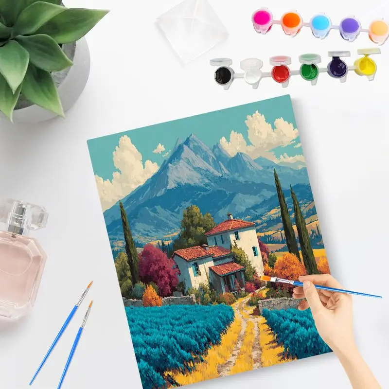 صورة مخصصة مع أرقام كوخ جبل بعيد صورة رسم تلوين حسب الرقم فن الديكور للمبتدئين جدار داخلي ديكو