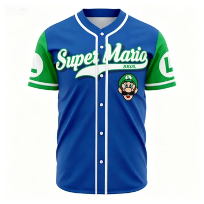 American Retro IP Baseball Jersey  Popular Anime and Game Prints  Niche Men's Short Sleeved Cardigan