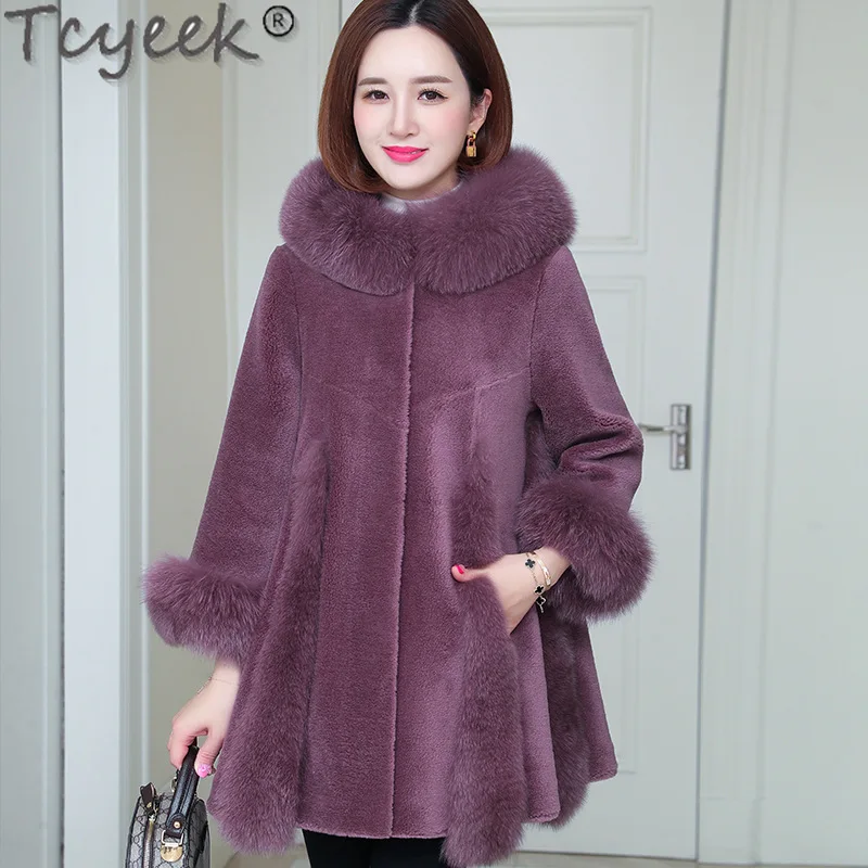 Tcyeek casacos de shearling de ovelha de comprimento médio, casaco de lã real, roupas femininas, gola de pele de raposa quente, jaqueta de pele feminina de inverno