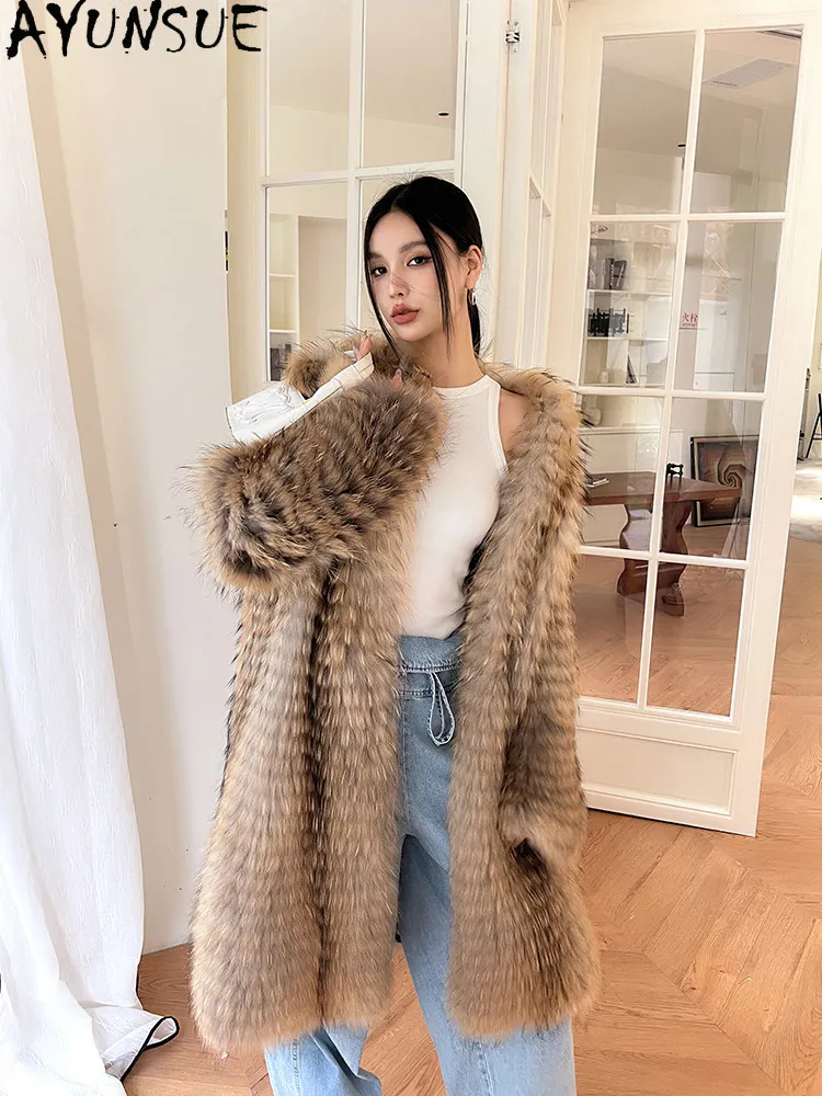 AYUNSUE Raccoon Fur Coats for Woman Mid-length Fur Jacket Maillard Style Fur Coat Woman Clothes New in Outerwears Шуба Женская