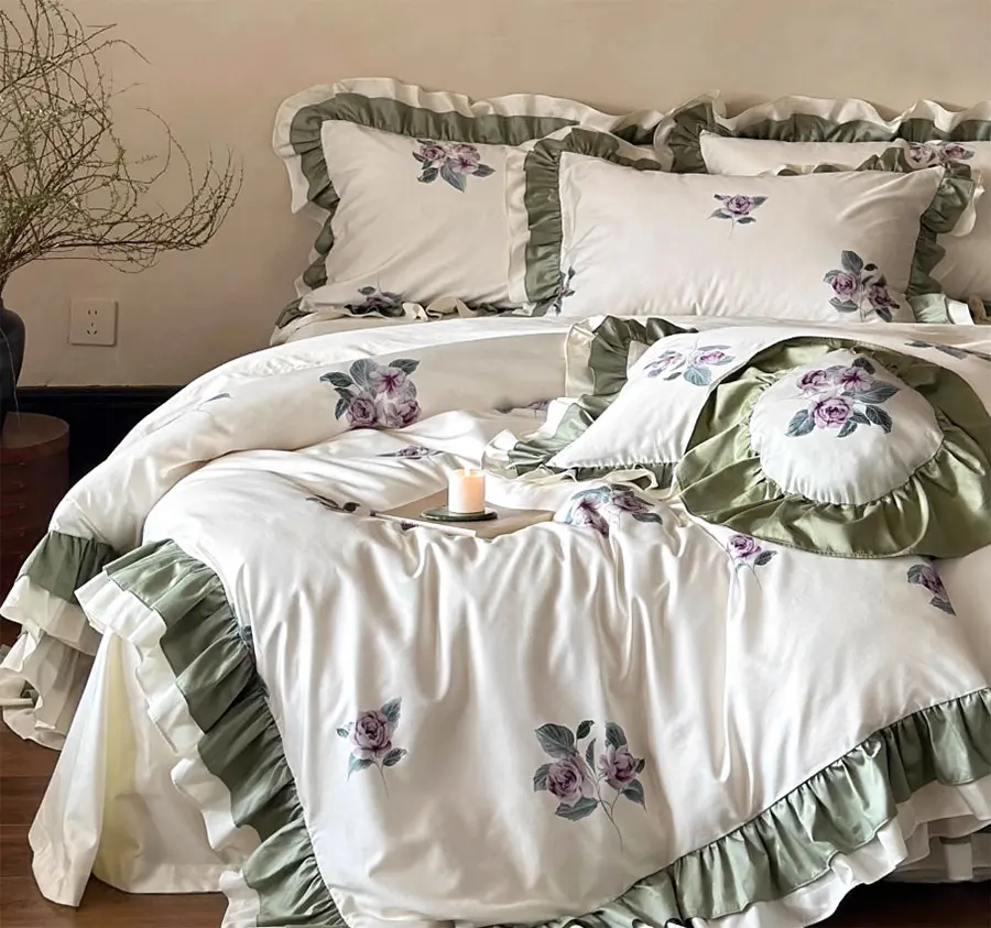 Elegant vintage green flower bedding set,full queen king fairyfair flounce cotton home textile bed sheet pillow case quilt cover