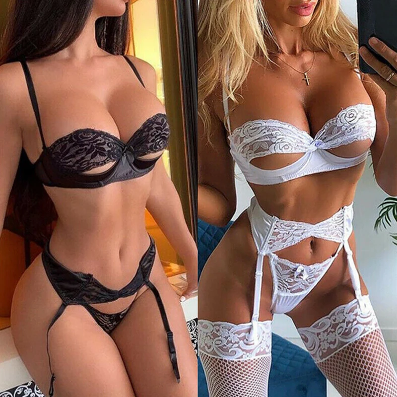 Fashion Lace Sexy Erotic Lingerie Women Fun Lingerie 3Pcs Bra Thongs Stockings Underwear Set Hollow Out See-Through Bandage Set