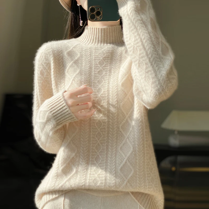 

100% Wool Thickened Turtleneck Solid - color Cable - knit Pullover, A Fashion Model Woven with Warmth and Exquisiteness