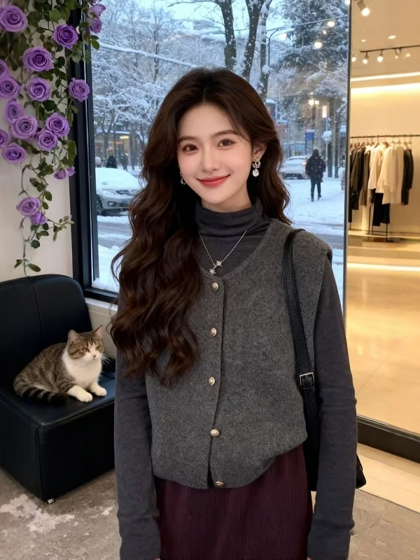 

Корейский многослойный вязаный кардиган-жилет для женщин больших размеров, весенний сезон, топ с открытыми плечами, премиум-класс