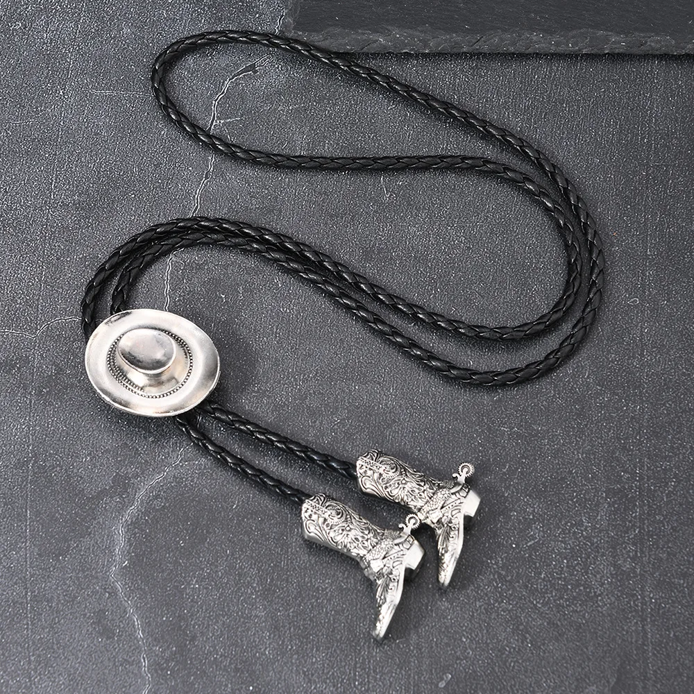 Vintage Alloy Cowboy Hat Shoe Bolo Tie PU Leather Long Sweater Chain Necktie Fashion Western Cowboy Accessory