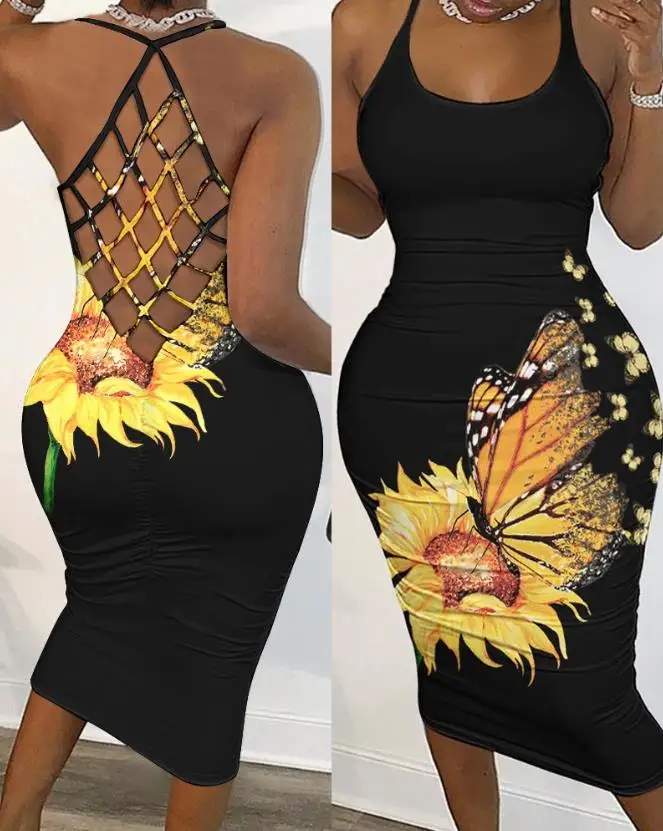 

2024 Summer New Fashionable and Sexy Butterfly Sunflower Printed Fishing Net Open Back Tight Dress