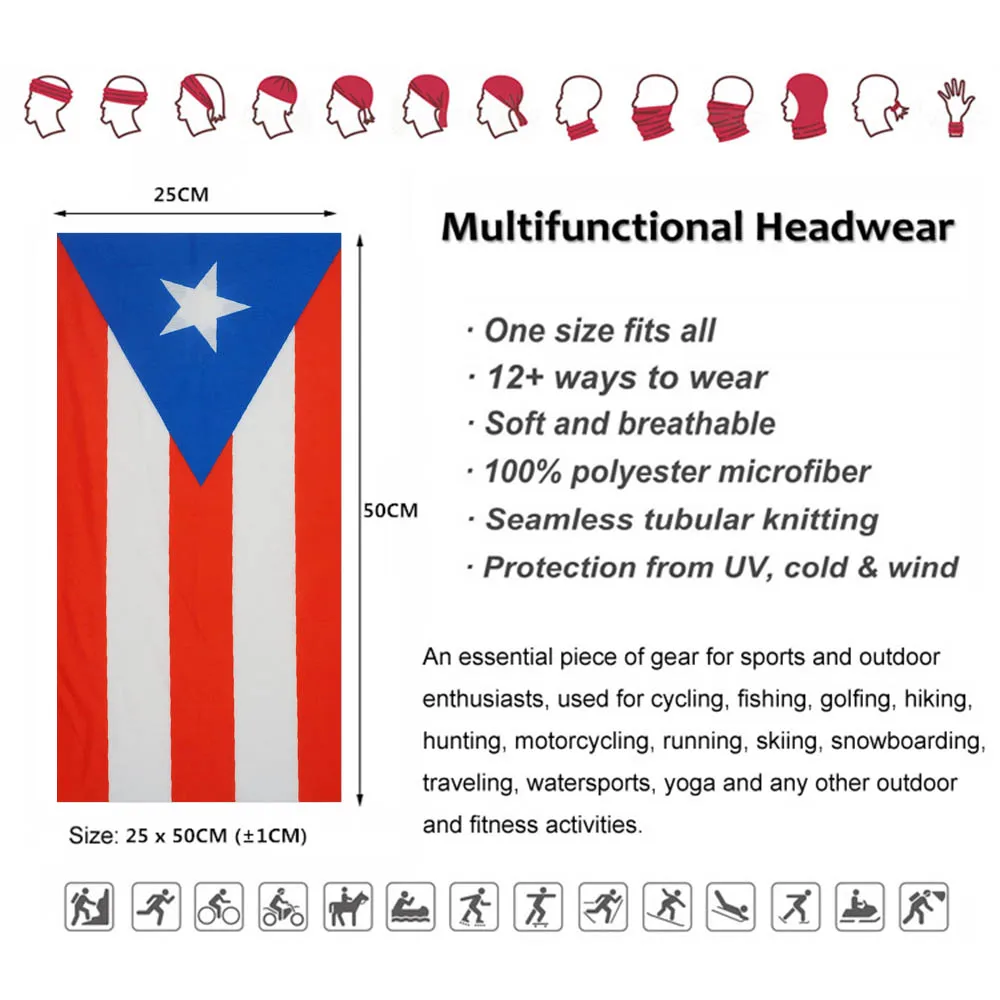 USA Puerto Rico Flag Bandana Summer Outdoor Headband Breathable Cycling Face Mask Multifunction UV Protective Scarf Balaclava