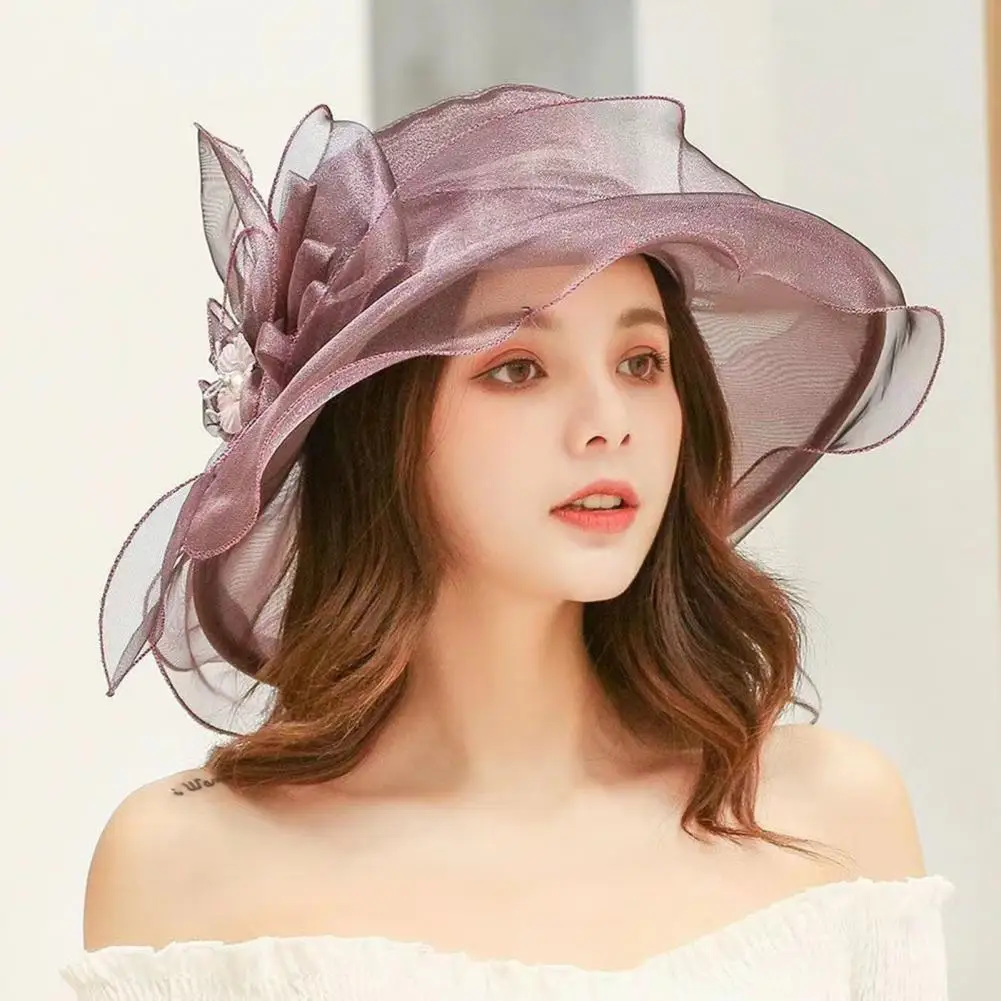 

Women Cocktail Headwear Elegant Organza Flower Hat Wide Brim Top Hat Foldable Sun Hat Retro Style Party Banquet Beach Cap