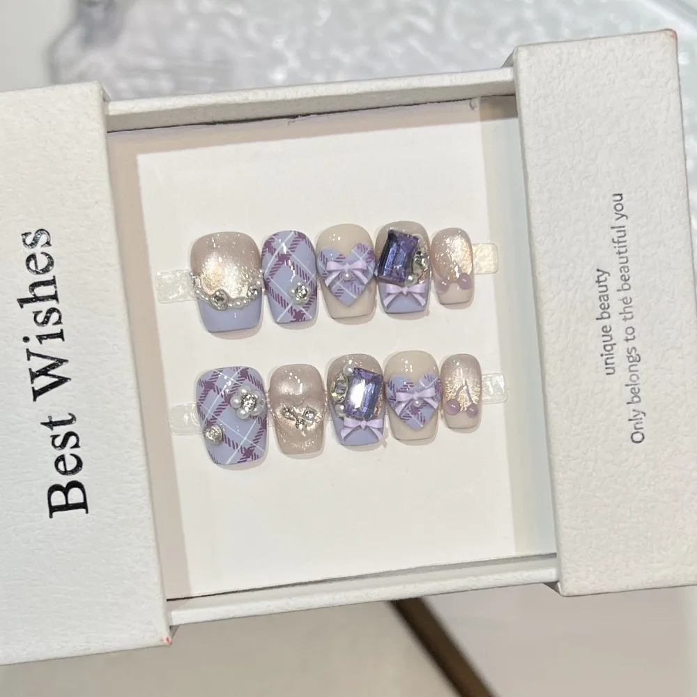 

10 Pieces Sweet Elegant Plaid Lavender Handmade Press On Nail Bow Heart Large Purple Gemstone Pearl Chain Art Fake Nails