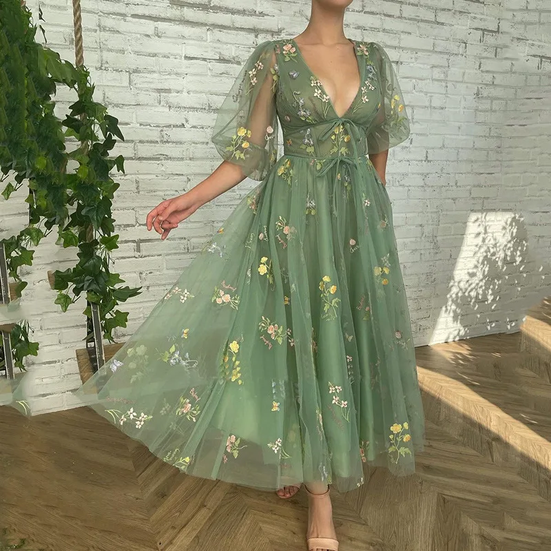 Galajurken Groene Fee Gezwollen mouwen Kantborduurwerk Tule Formele avondjurk Elegante theelengte Robe De Soiré