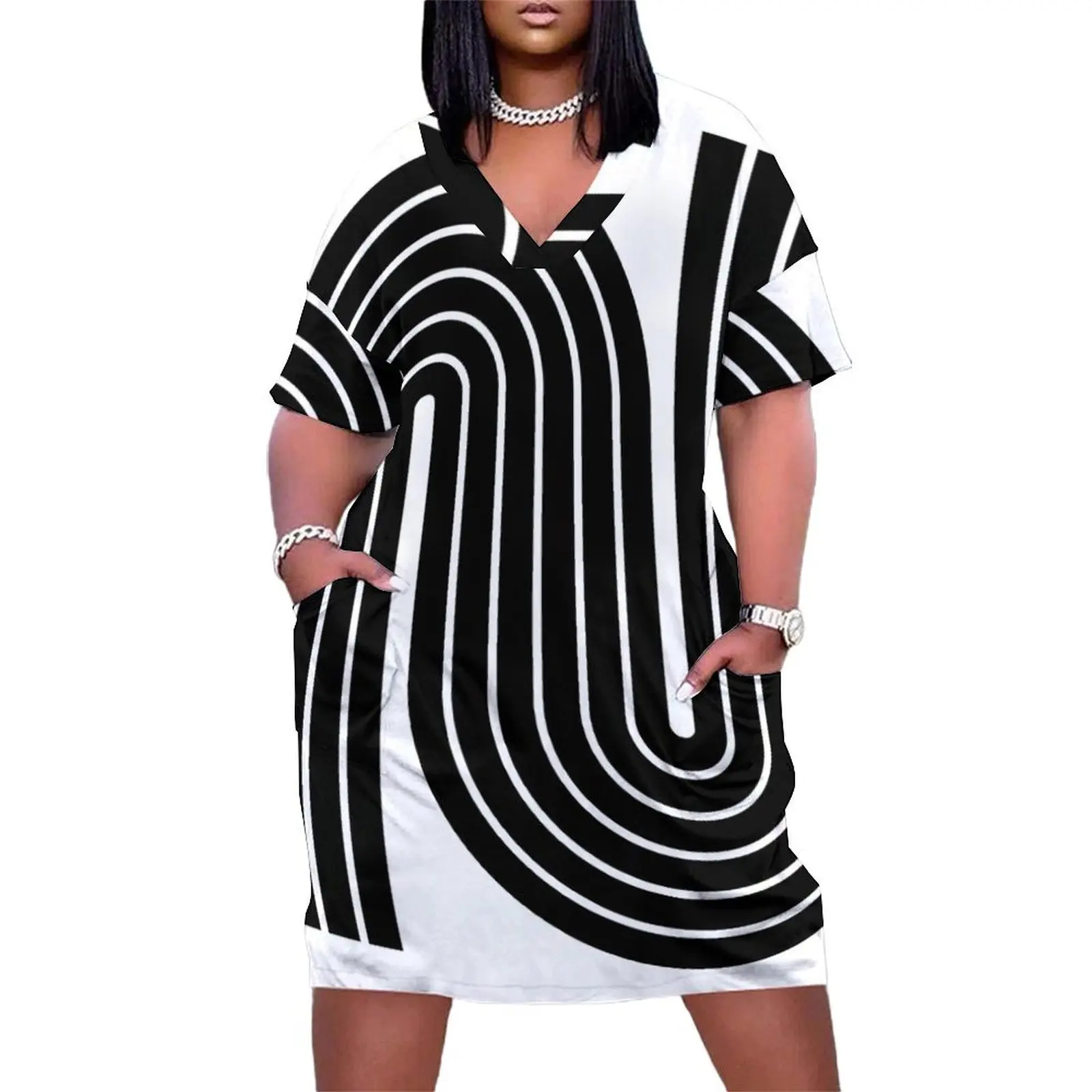 

70s Retro Vintage Style Geometric Design 333 Black and White Loose Pocket Dress summer clothes Women dresses summer