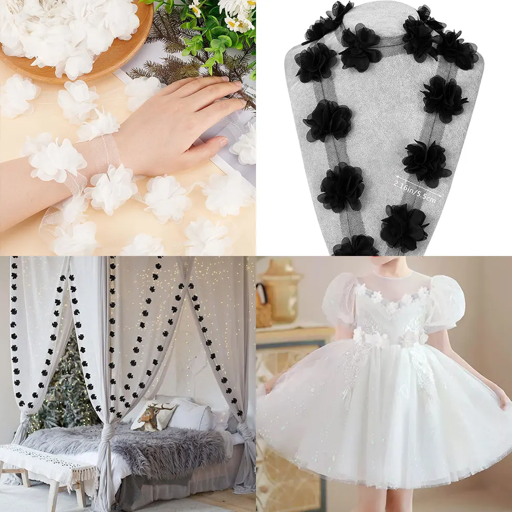 2 Yards 5.5cm Wide 3D Chiffon Flower Lace Trim Ribbon Hair Band Fabric Applique Decor Handmade DIY Clothing Sewing Accessories