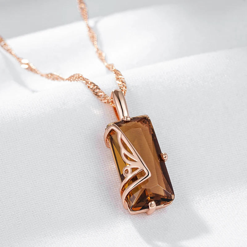 Kinel Fashion Light Brown Natural Zircon Pendant Necklace for Women Simple Square 585 Rose Gold Color High Quality Daily Jewelry