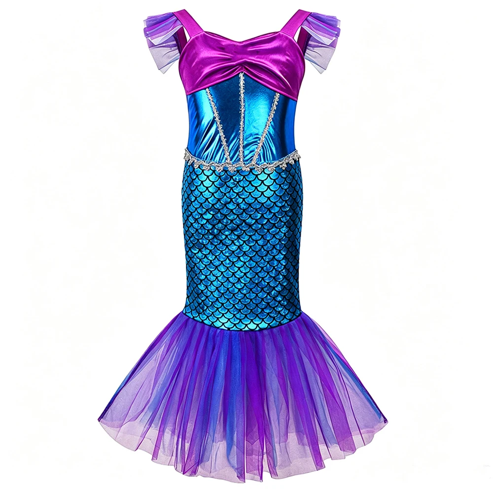 Summer Mermaid Birthday Party Dress With Crown Necklace Complete Accessories Set For Girls Carnival Cosplay