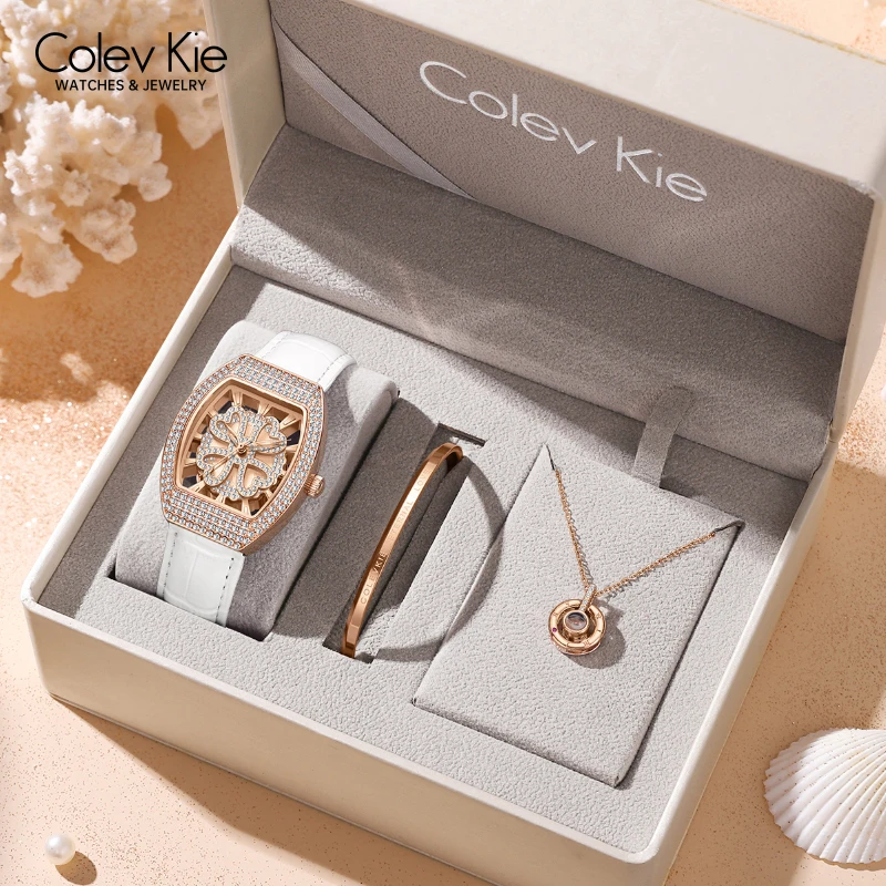 ColevKie Women\'s Watches Hollow Out Quartz Watch Leather Strap Sports Fashion Elegant Ladies Dress Business Wristwatch Gift Sets