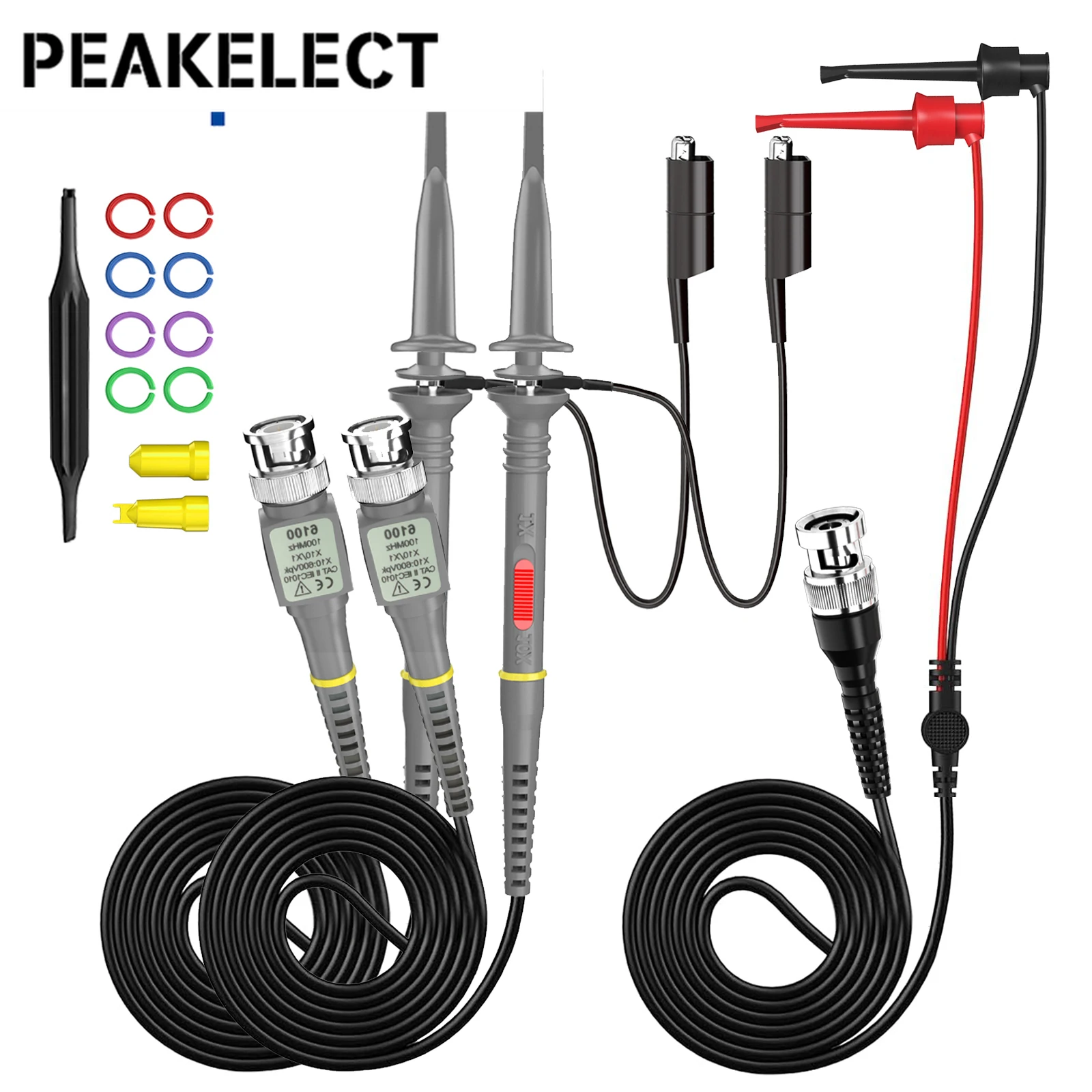 P6100B 100MHz osiloskop Probe X1/X10 + P1007B uji kait memimpin Mini pengambil ke kabel koaksial BNC Probe terisolasi 10:1