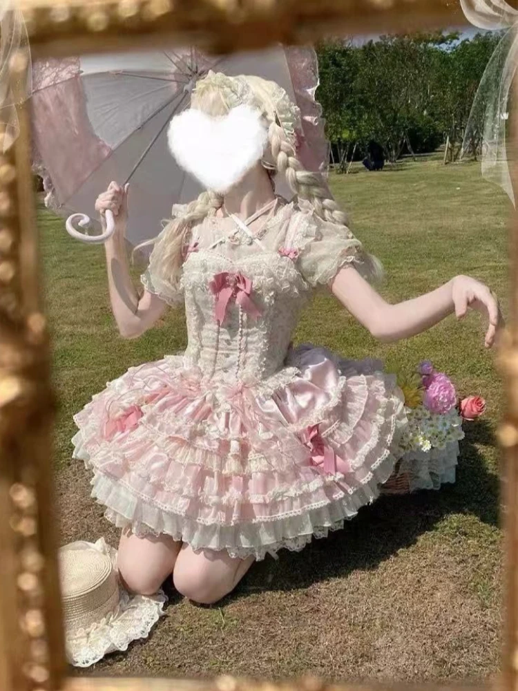 Słodka Sukienka Lolita w Kolorze Różowym dla Kobiet, Projekt Kawaii, Patchworkowa, z Kokardą, Koronkowa Sukienka na Ramiączkach, Moda Dziewczęca, Urocza, Śliczna Sukienka w Stylu Wróżki