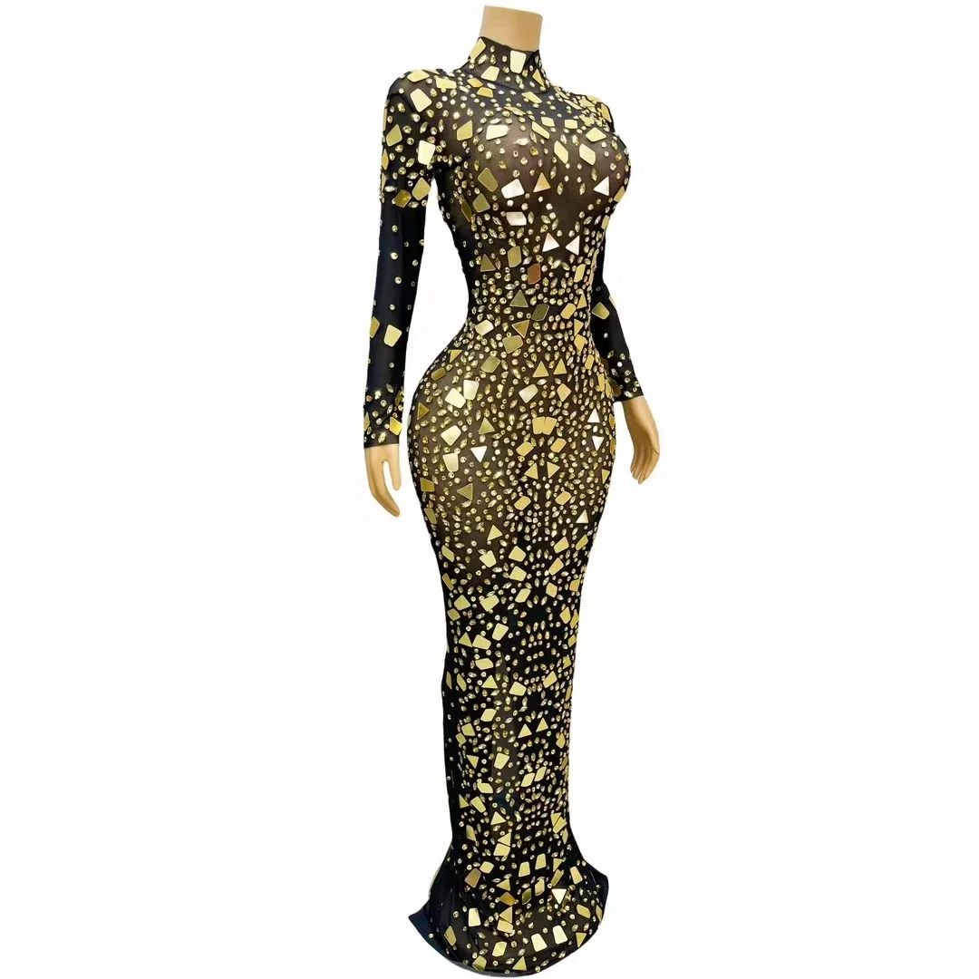 Sparkly Gold Rhinestones Mirrors Mesh Long Sleeves Costume See Through Dress Sexy Women Crystal Long Dress Luxury Gown For Party