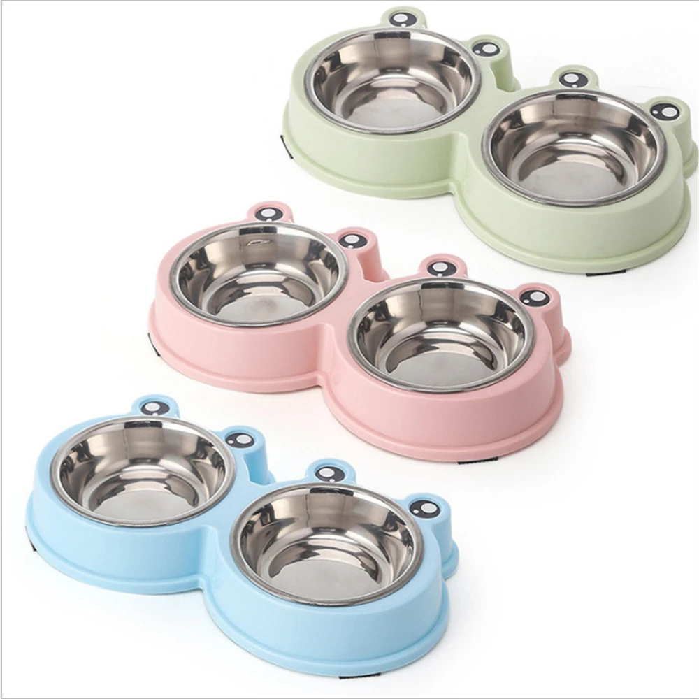 Cute Frog Shape Pet Feeder Stainless Steel Double Bowl Cat Puppy Feeding Supplies Small Dogs Universal Drinking and Feeding Dish