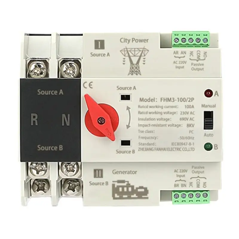 2P 100A Automatic Transfer Electrical Selector Switches Din Mount Double Power Switches Generator Changeover Switches