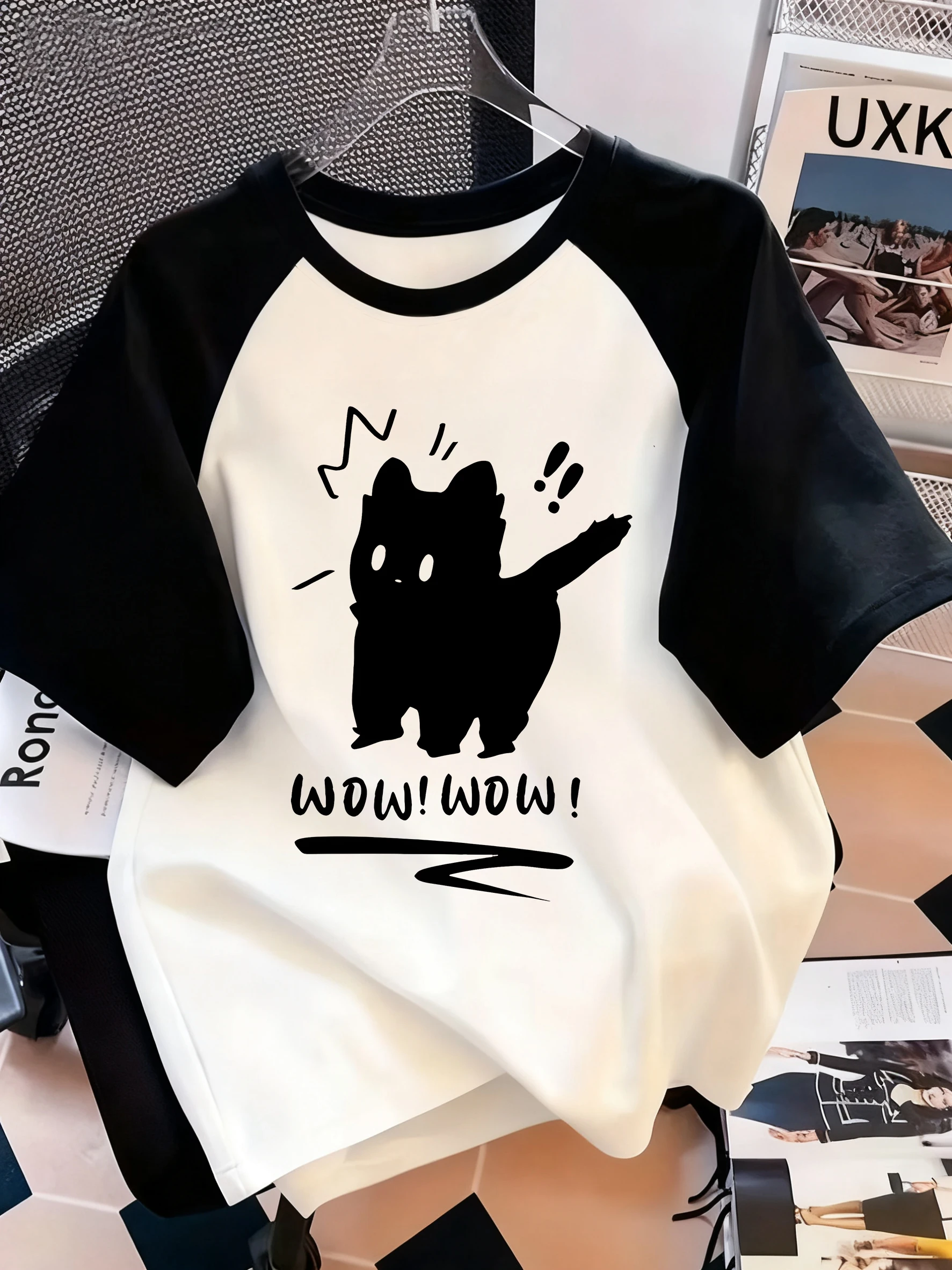 Funny T Shirt cat Letter Print Crew Neck T-Shirt Casual Short Sleeve Top for Spring Summer Women's Clothing
