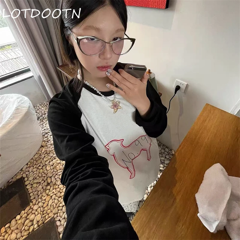 

LOTDOOTN Y2K Cotton Tops Harajuku Printed T-shirts E-girl Women Oversized Tee Shirt Japanese Style Funny Long Sleeve O-neck Tops