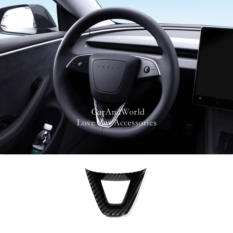 

For Tesla Model 3 2024 2025 Y 2025 2026 Interior Steering Wheel Triangle Cover ABS Carbon Fiber Trims Car Moulding Accessories