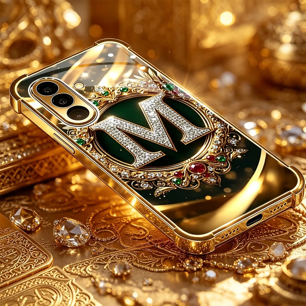 High-end diamond letter "M" Tempered Glass Fashion phone case for Samsung Galaxy S26/S25/S24/S23/S22/S21FE Ultra Plus Shockproof
