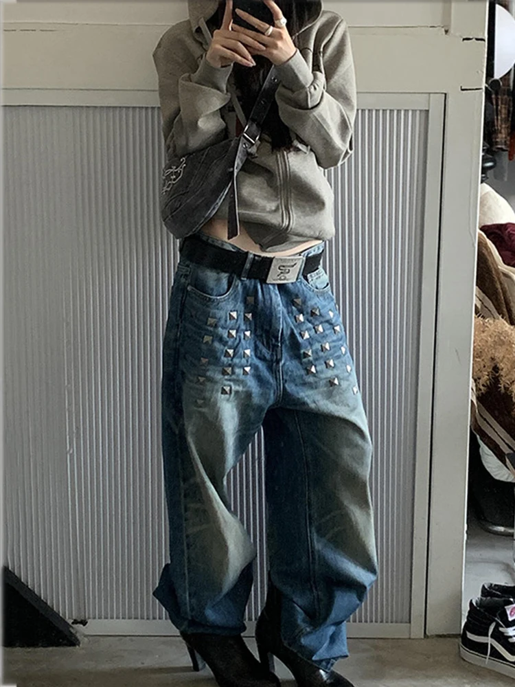 Blue Rivet Low Waist Jeans Women Autumn/Winter 2025 New Water Wave Loose Design Sense Personality Street Wide Leg Pants