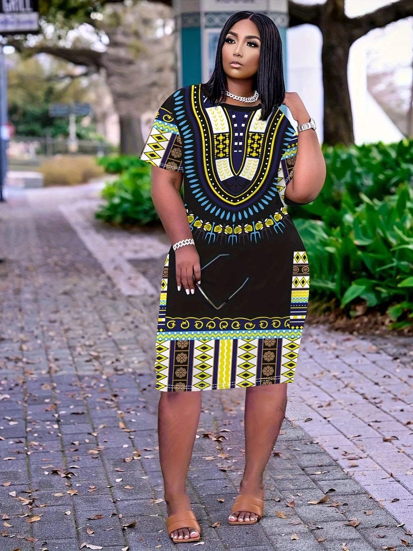 

Модное женское повседневное платье больших размеров с этническим принтом