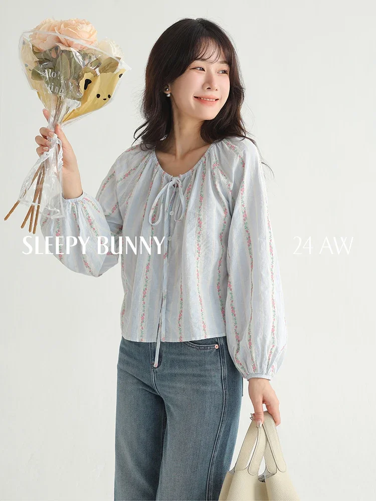 Spring Women Striped Lantern Sleeve Blouse Casual Sweet O-Neck Tie Detail Short Top Elegant Loose Fit Shirt for Everyday Wear