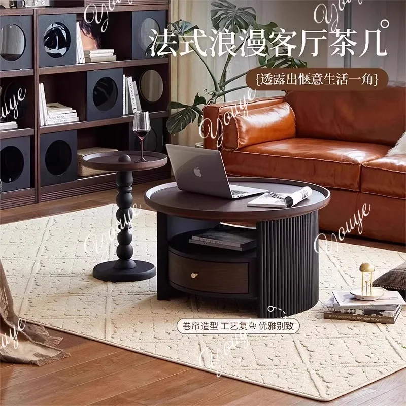 

XM French Retro Solid Wood Coffee Table Side Table Combination Small Apartment Living Room Sofa Round Table Antique Tea