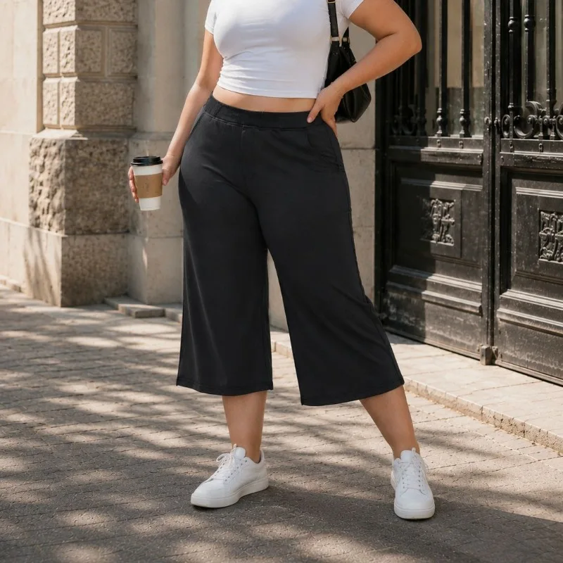 Straight Leg Capri Pants High Stretch Elastic Waist Cropped Trousers Soft Casual Summer Wide Leg Style for Plus Size Women8XL9XL view 3