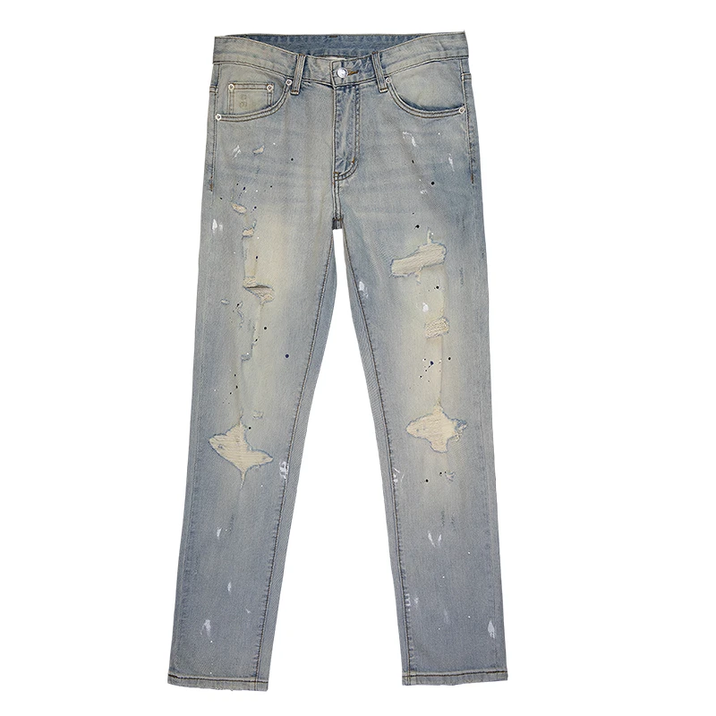 

JXNS1020 The new broken hole washed men's jeans scraping old light-coloured ink splash retro trousers stretch casual