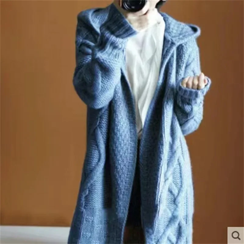 Women Sweater Autumn Winter 2024 Knitted Long Cardigan Coat Korean Fashion Loose Large Size Full Sleeve Casual Hooded Knitwear