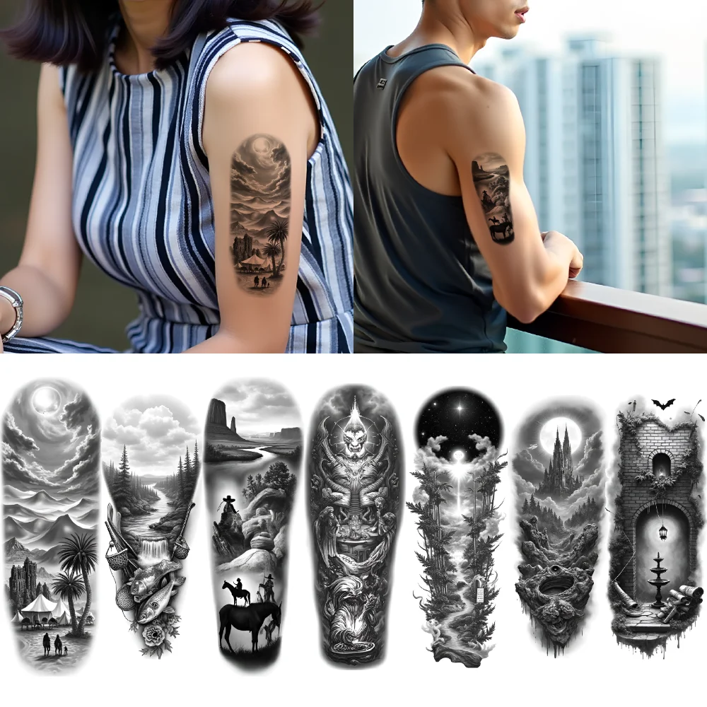 3pcs Temporary Tattoo Western Tattoos Waterproof Long-lasting Body Stickers Nature Tattoos Gothic Castle Tattoos For Thighs