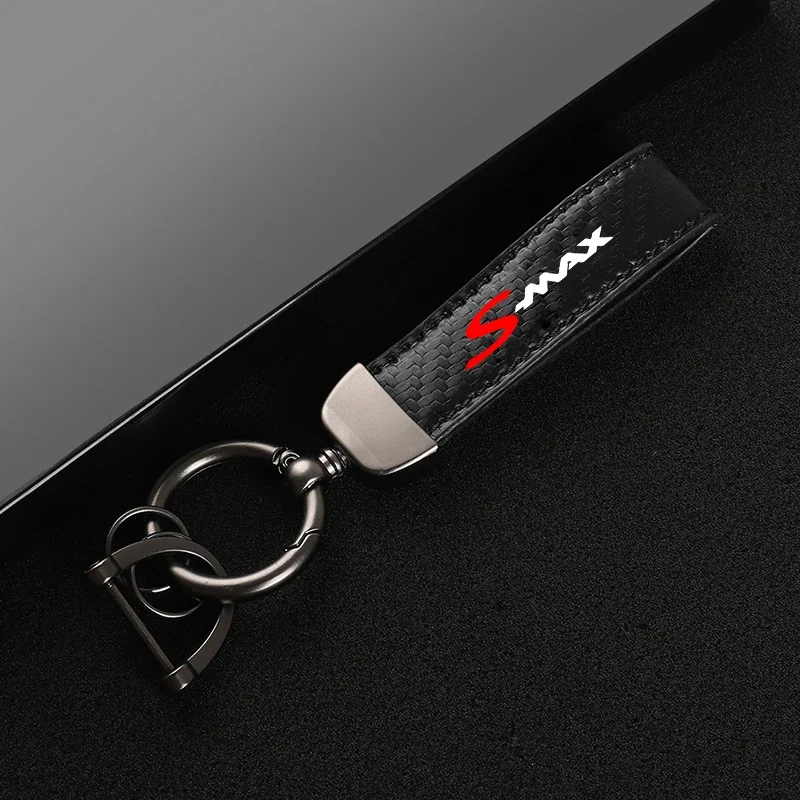 New fashion car carbon fiber leather rope Keychain key ring For Ford SMAX Car Accessories