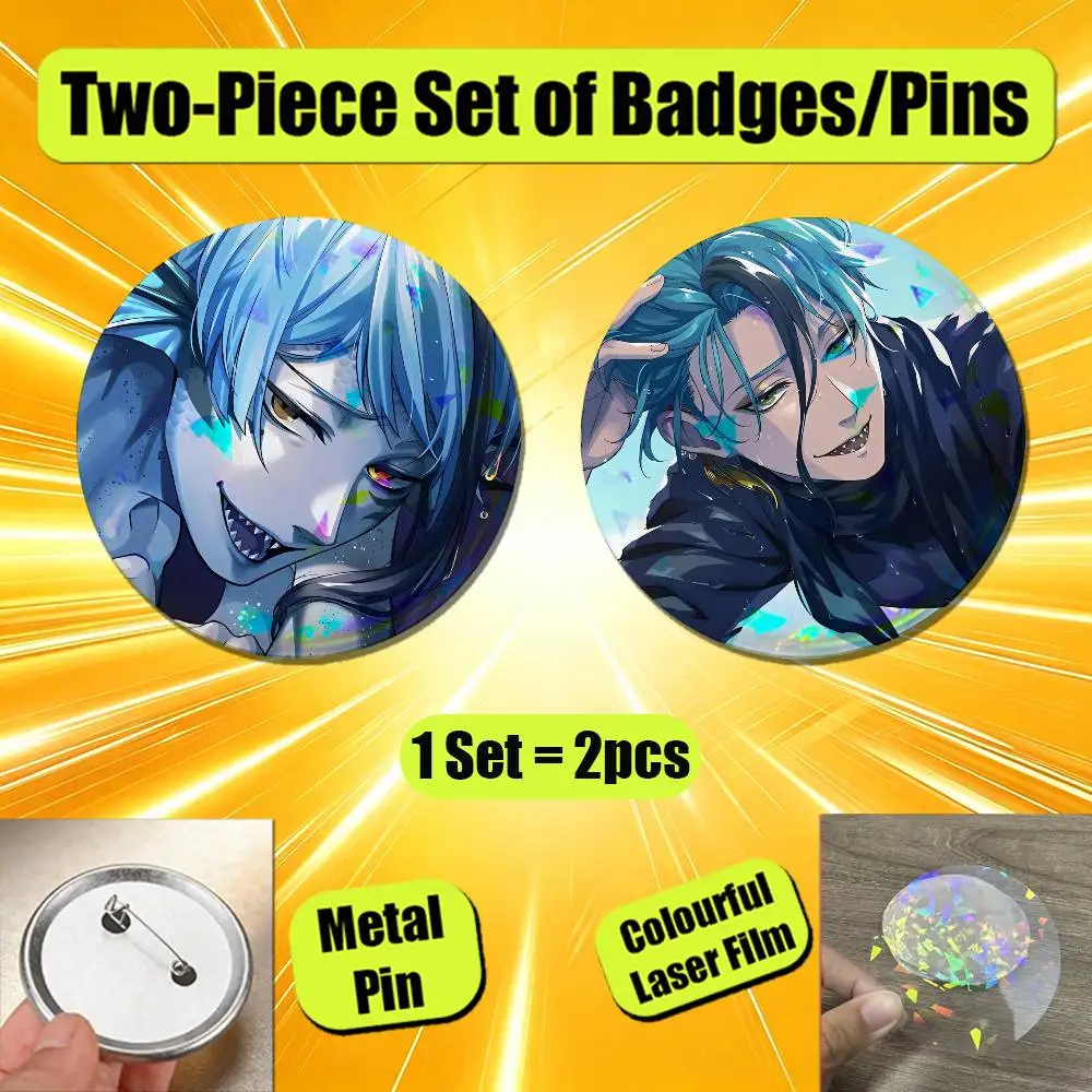 Pin Insignia 2 Pcs Set Round Button Emblem Laser Film Hats 58mm Custom For Twisted Wonderland Floyd Leech Azul Ashengrotto Badge