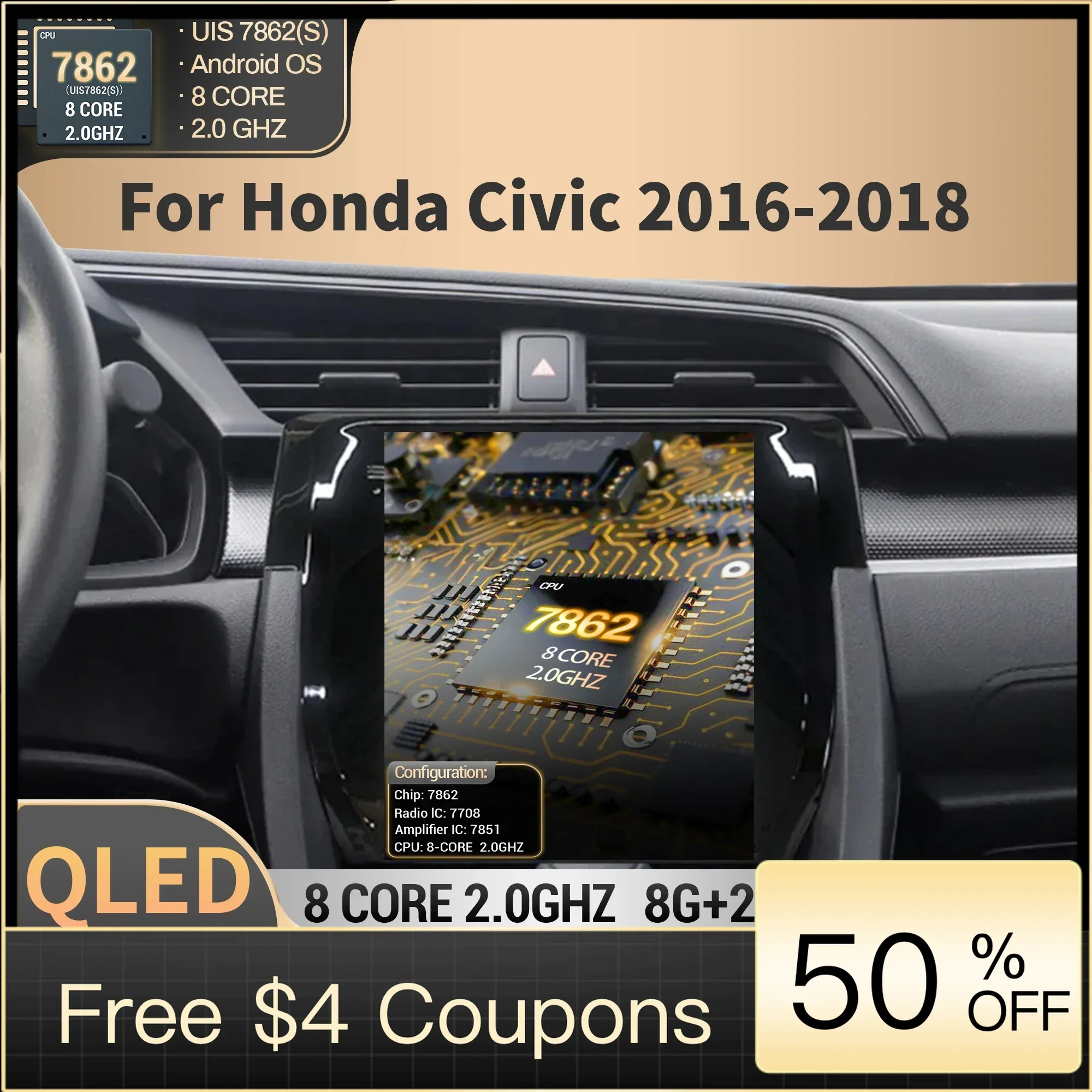 9.7inch For Honda Civic 2016 2017 2018 Car Radio Multimedia Navigation GPS Wireless Android BT CarPlay QLED Screen Stereo