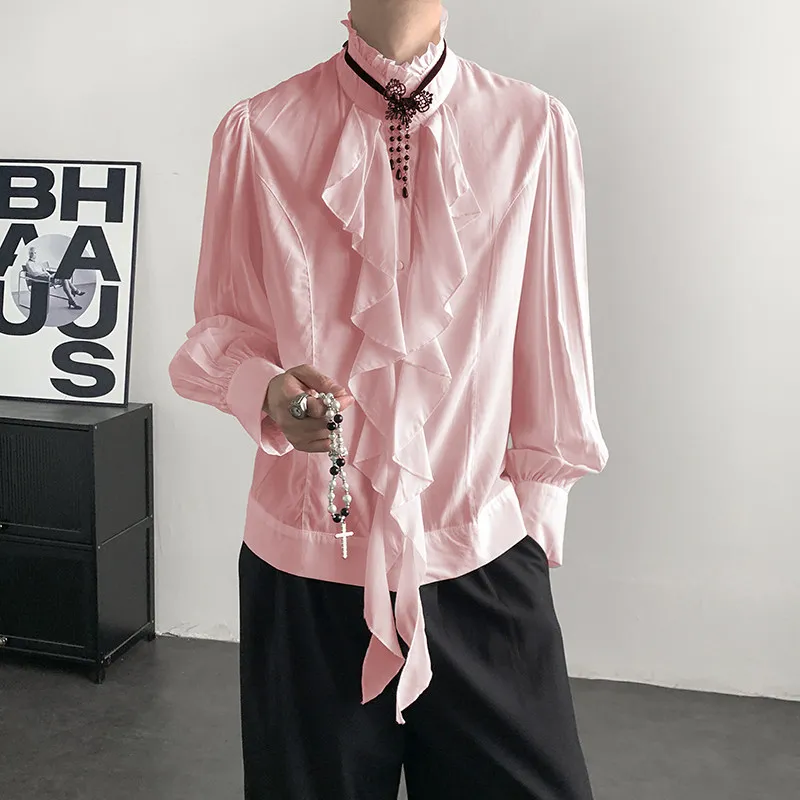 

Мужская модель Retro Court Gentle Sle Pink irt High-End Feelings Flounce Sa воротник-стойка irt Slim Fit Long Sve Polyes...