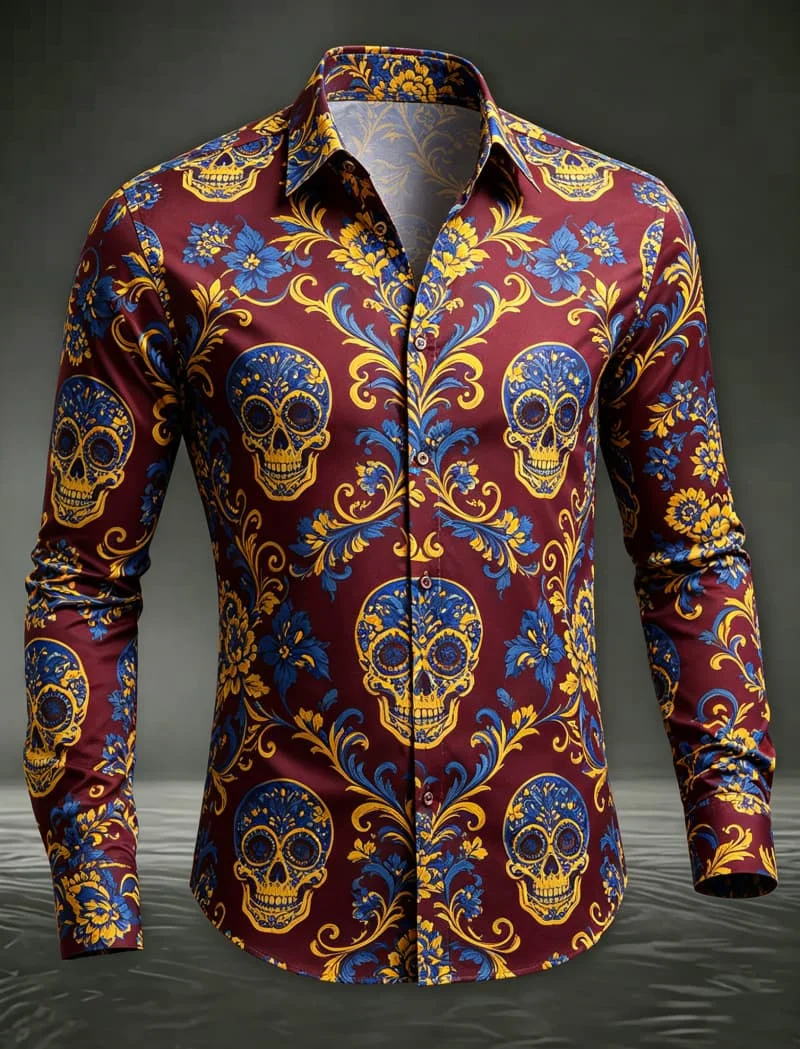 Men Fashion Long Sleeve Button‑Up Shirt Colorful Skull Flower Pattern Holiday Gathering Night Event Outfit
